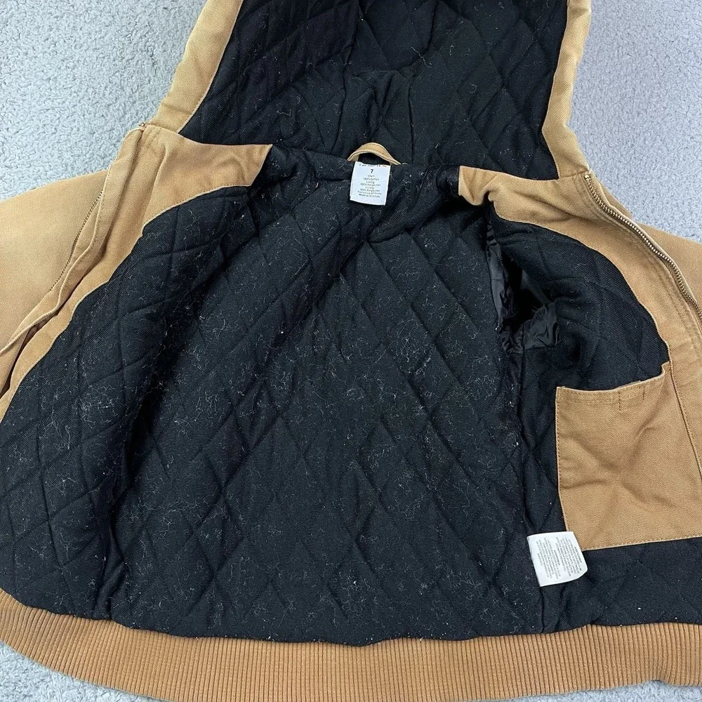 Carhartt Canvas Quilted Lined Jacket Tan Brown‎ Distressed Kids Youth Size 7